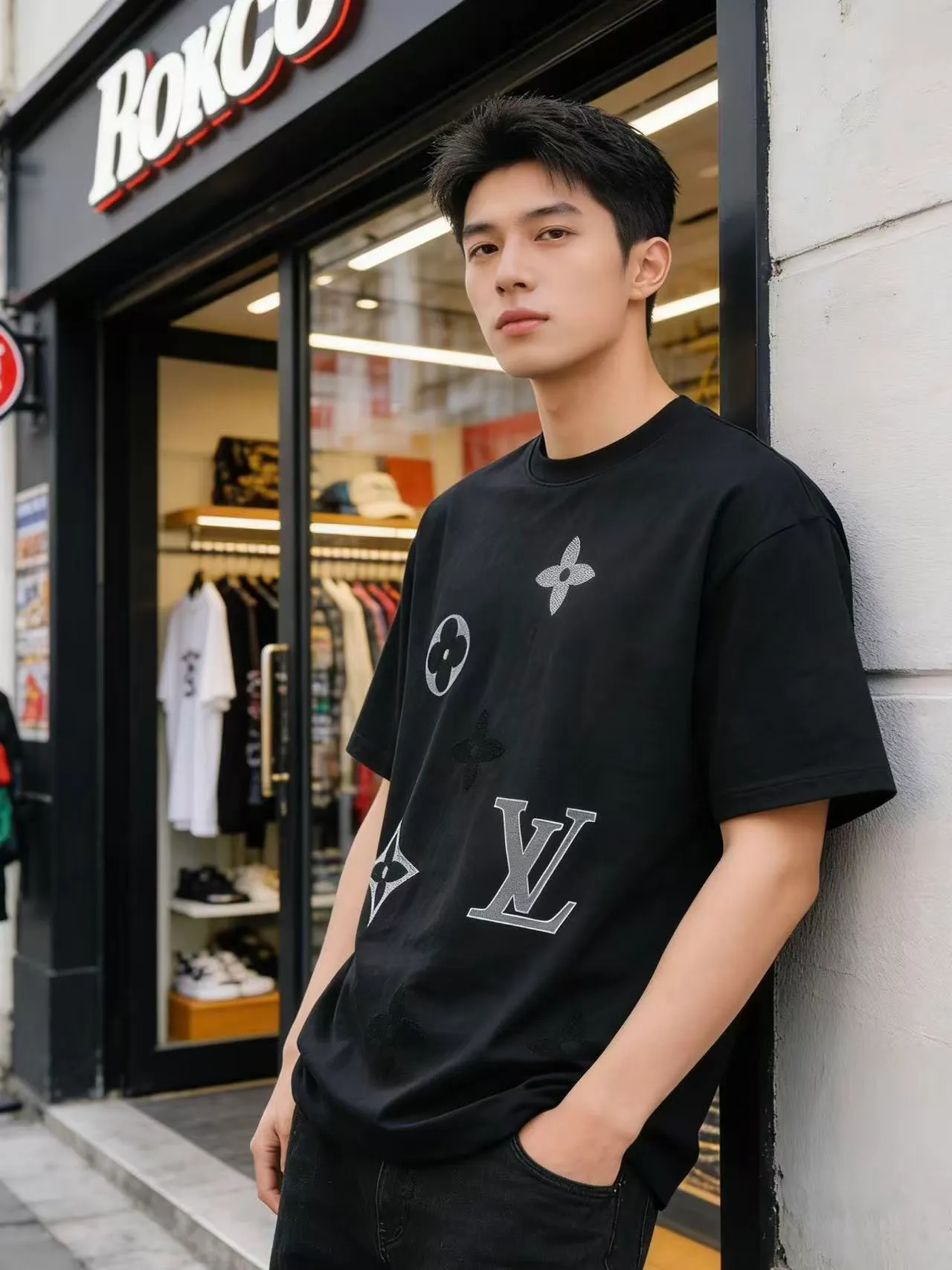 Louis Vuitton/Louis Vuitton flocked logo printed short sleeves